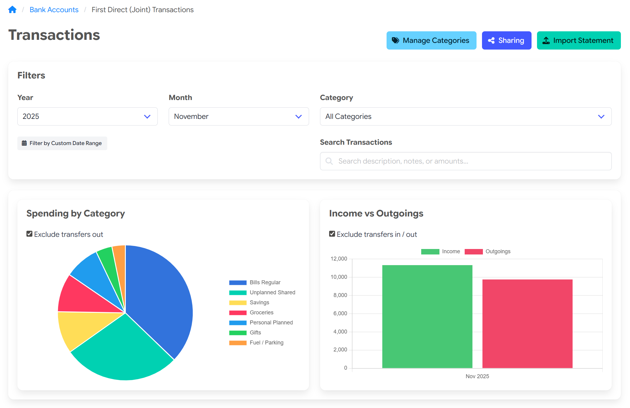 NumeroMoney bank statement transaction charts and filters