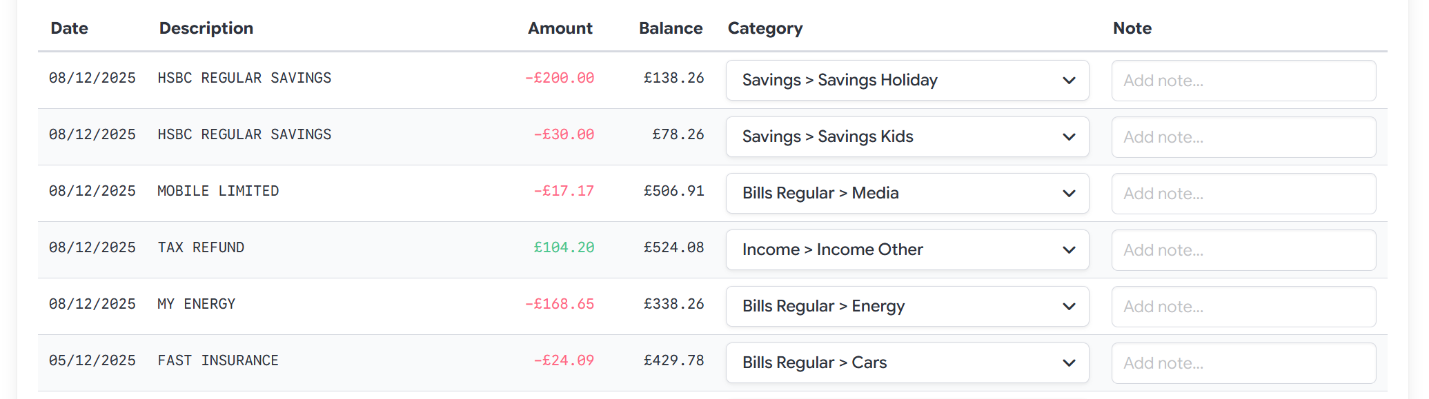 NumeroMoney bank statement transactions